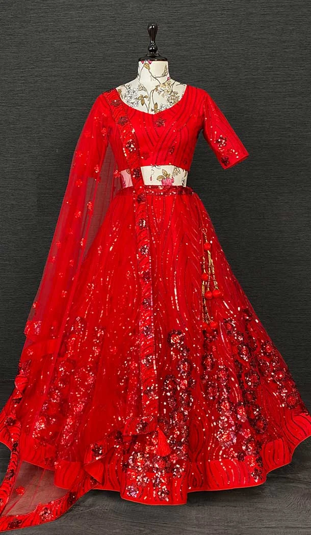 Net Embroidery Sequins Work Red Color Traditional Wear Lehenga Choli -4849158041