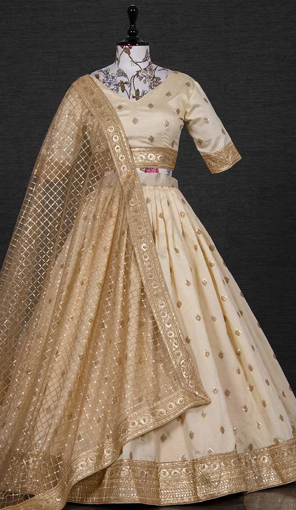 Mono Banglory Embroidery Sequins Work Cream Color Traditional Wear Lehenga Choli -4849158043