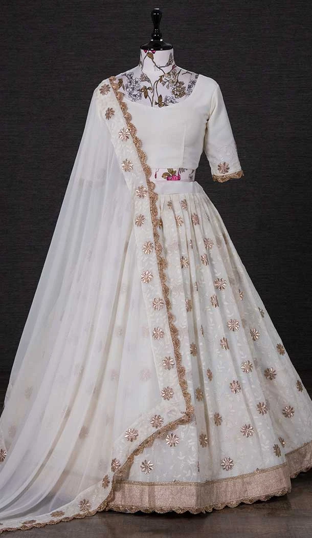 Georgette Embroidery Thread Work White Color Traditional Wear Lehenga Choli -4849158044