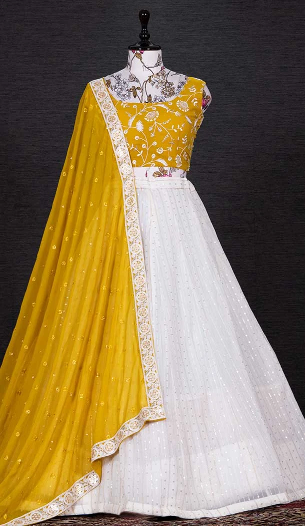 Georgette Mustard Color Embroidery Thread Work Traditional Wear Lehenga Choli -4849158045