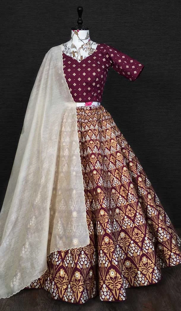 Aada Slub Silk Maroon Color Zari Work Traditional Wear Lehenga Choli -4849158047