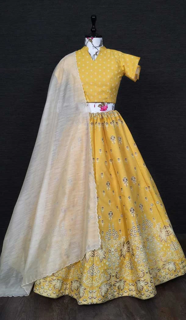 Aada Slub Silk Yellow Color Zari Work Traditional Wear Lehenga Choli -4849158048