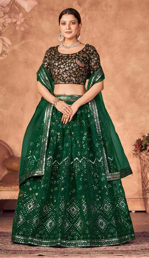 Green Color Organza Embroidery Mirror Work Designer Lehenga Choli -4868158172