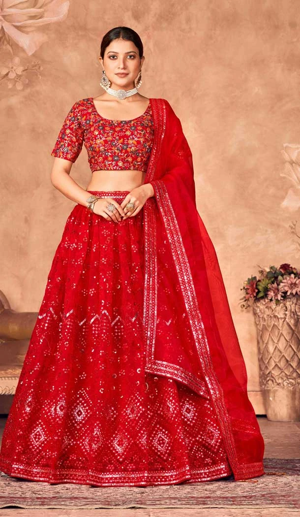 Red Color Organza Embroidery Mirror Work Designer Lehenga Choli -4868158174