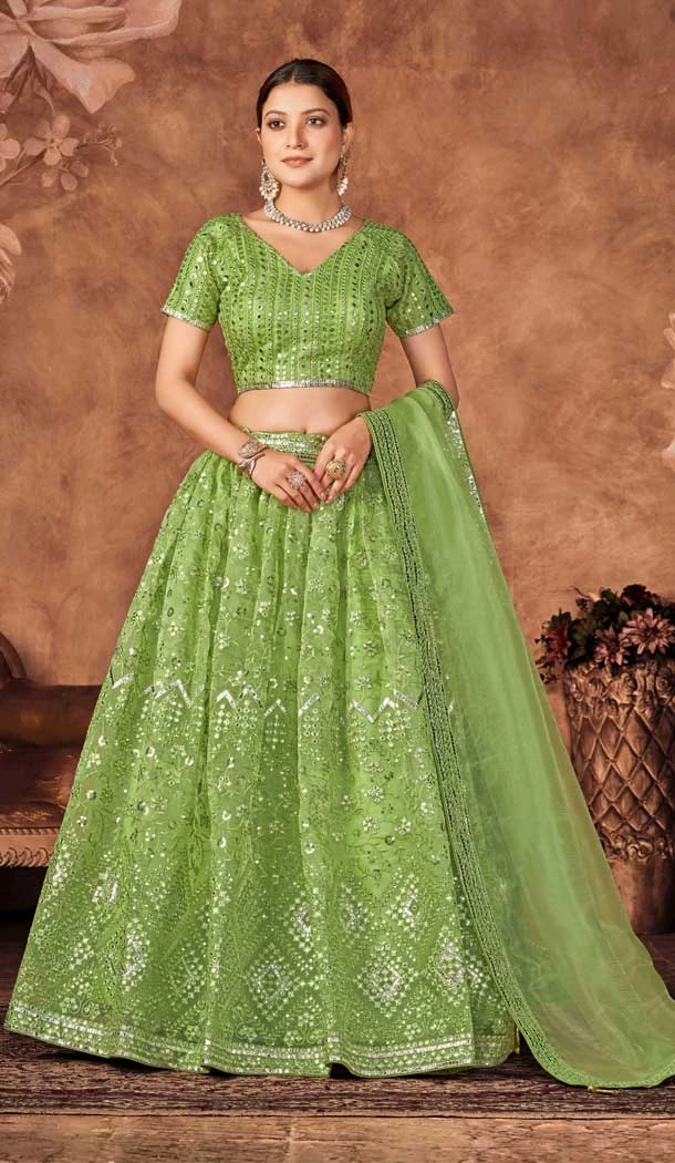 Parrot Green Color Organza Embroidery Mirror Work Designer Lehenga Choli -4868158175
