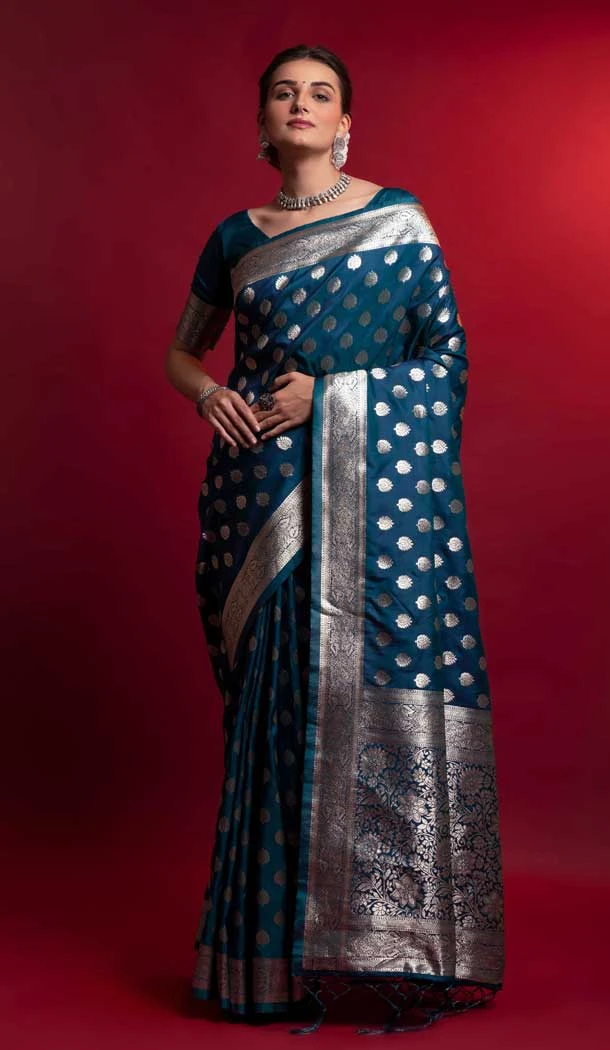 Silk Teal Blue Color Weaving Zari Work Traditional Party Wear Saree Blouse -4869158178