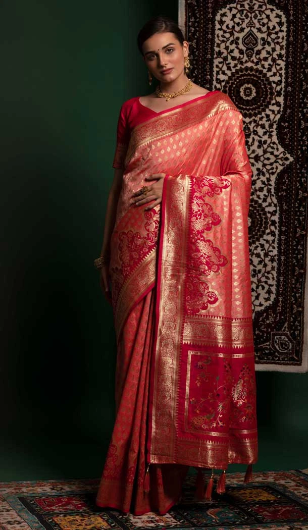 Silk Peach Color Weaving Zari Work Traditional Party Wear Saree Blouse -4869158179