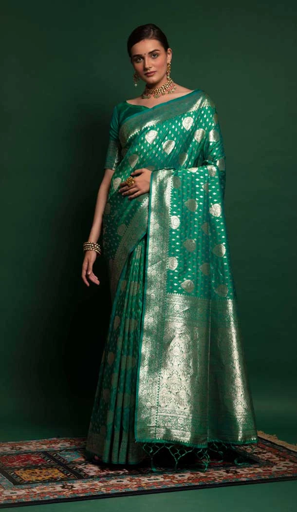 Teal Color Silk Weaving Zari Work Traditional Party Wear Saree Blouse -4869158180