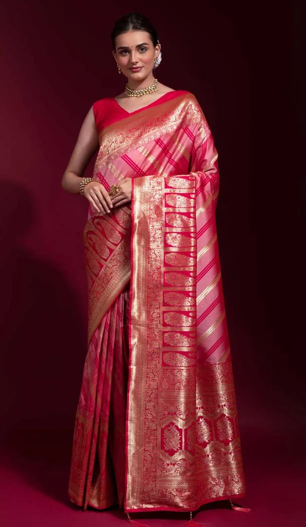 Silk Weaving Zari Work Pink Color Traditional Party Wear Saree Blouse -4869158182