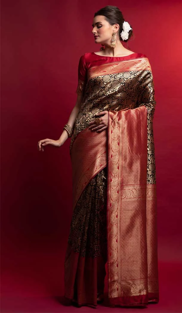 Silk Weaving Zari Work Black Gold Color Traditional Party Wear Saree Blouse -4869158183