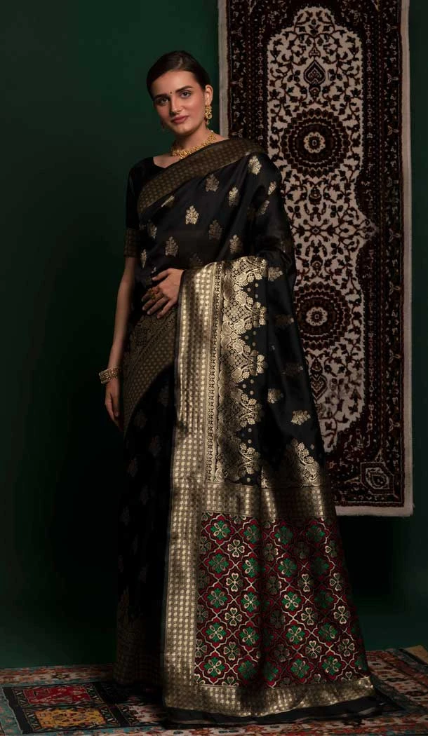 Silk Weaving Zari Work Black Color Traditional Party Wear Saree Blouse -4869158184