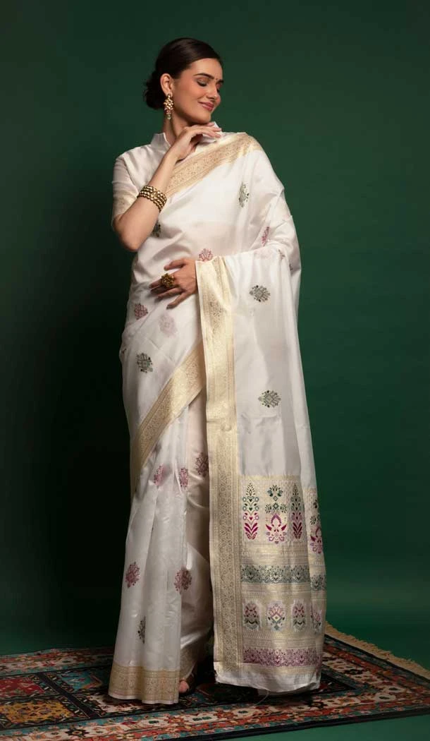 Silk Weaving Zari Work Off White Color Traditional Party Wear Saree Blouse -4869158185