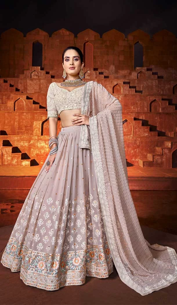 Peach Georgette Embroidered Work Designer Women Lehenga Choli -4871158193