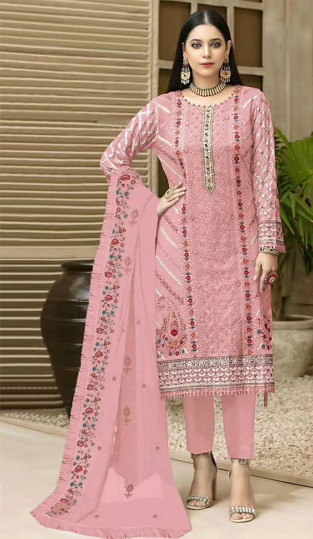 Attractive Pink Color Embroidery Work Fox Georgette Pakistani Style Salwar Suit - 4905158481