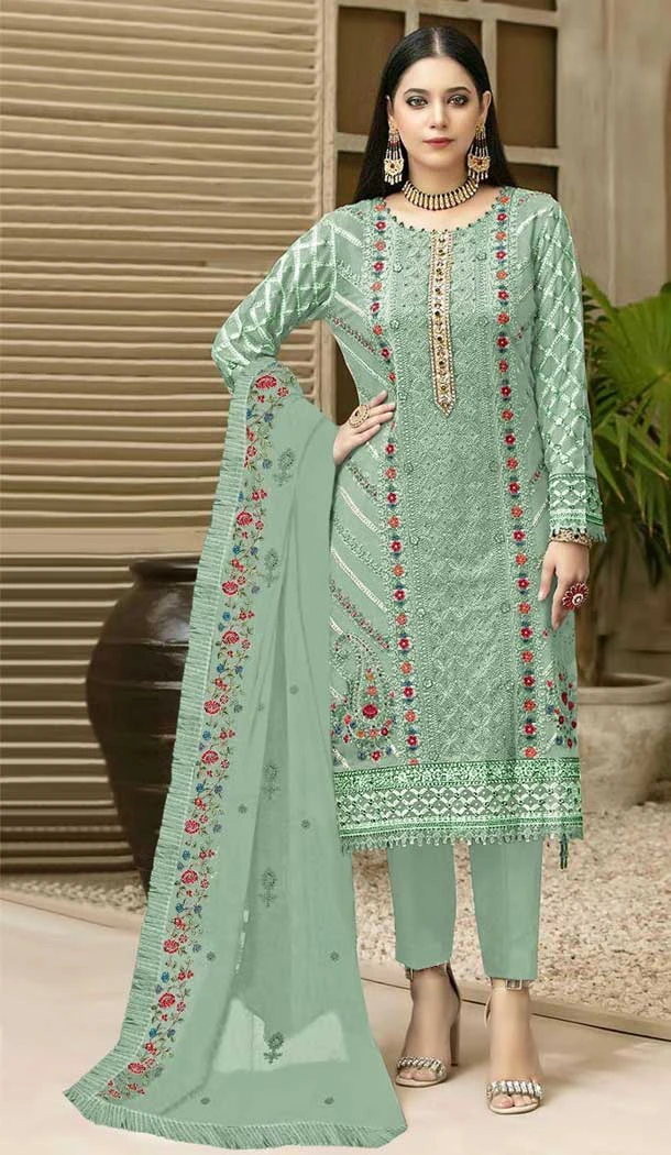 Fascinating Mint Green Color Embroidery Work Fox Georgette Pakistani Style Salwar Suit - 4905158482
