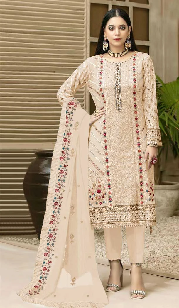 Classy Beige Color Embroidery Work Fox Georgette Pakistani Style Salwar Suit - 4905158483