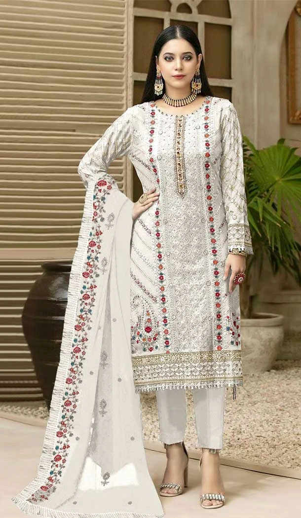 Exotic White Color Embroidery Work Fox Georgette Pakistani Style Salwar Suit - 4905158485