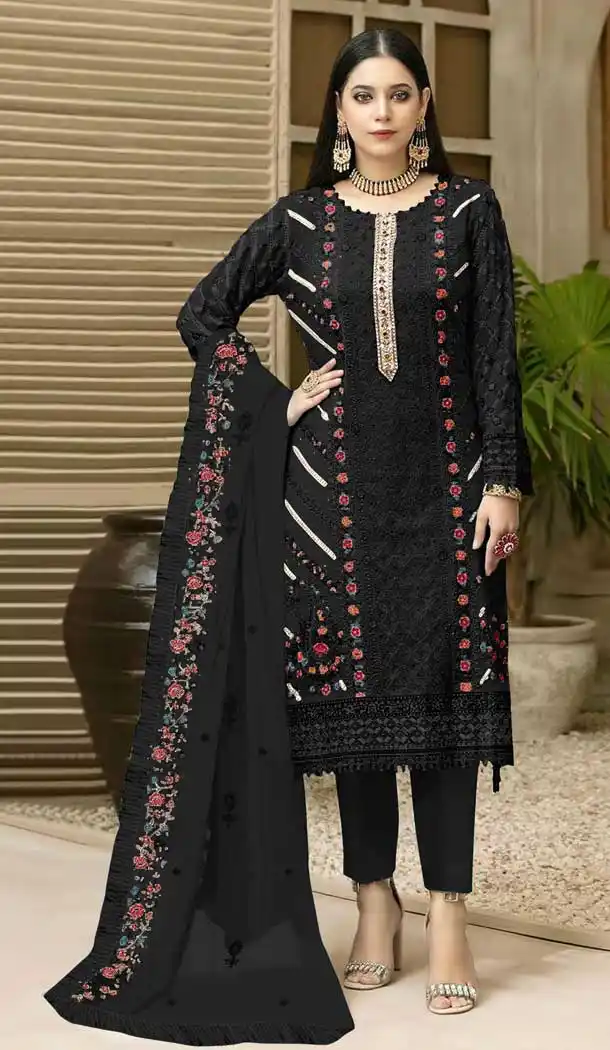 Aesthetic Black Color Embroidery Work Fox Georgette Pakistani Style Salwar Suit - 4905158486
