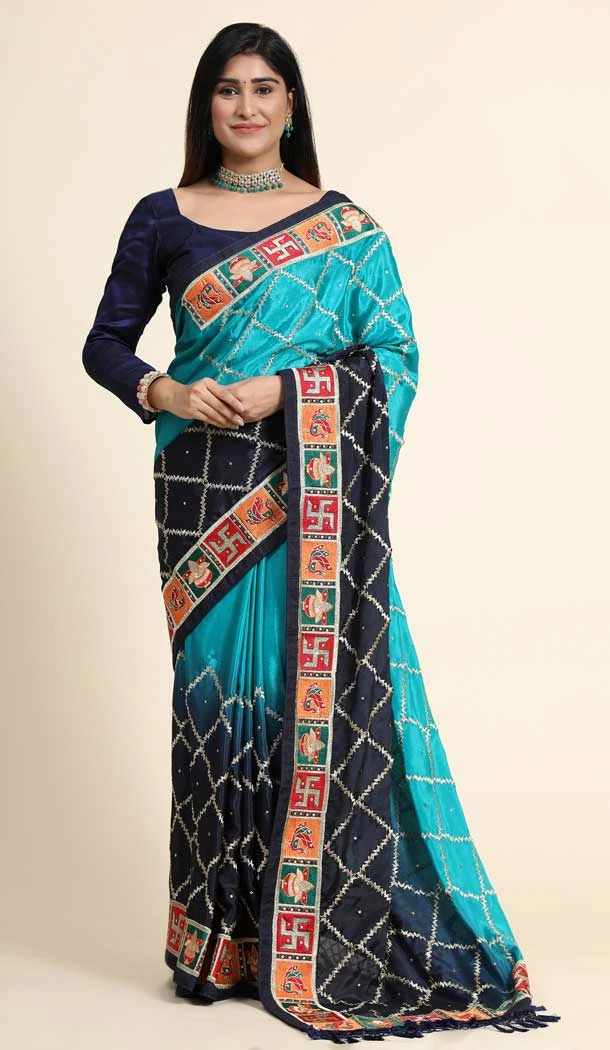 Blue Color Soft Silk Embroidery And Diamond Work Party Wear Saree -4907158491