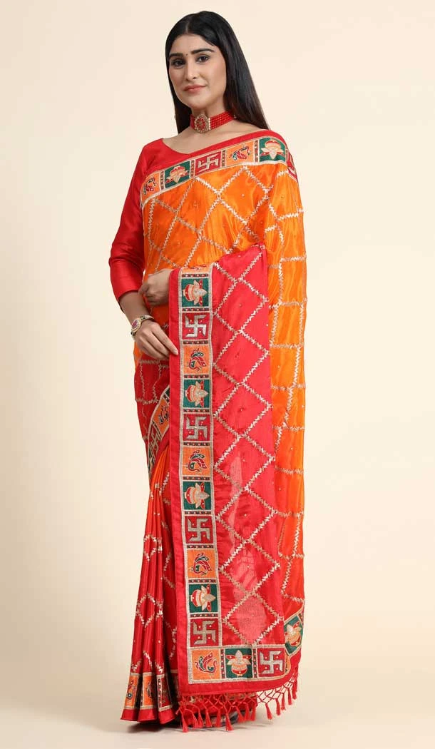 Orange Color Soft Silk Embroidery And Diamond Work Party Wear Saree -4907158492