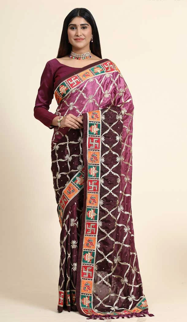 Purple Color Soft Silk Embroidery And Diamond Work Party Wear Saree -4907158493