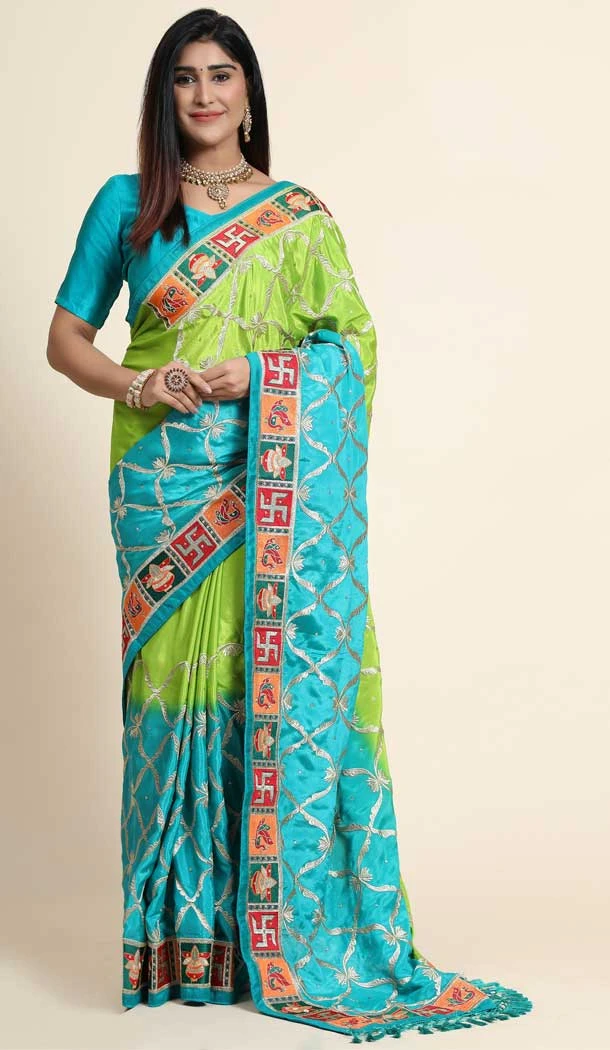 Blue And Light Green Color Soft Silk Embroidery And Diamond Work Party Wear Saree -4907158494