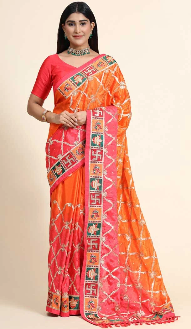 Embroidery And Diamond Work Orange Color Soft Silk Party Wear Saree -4907158495