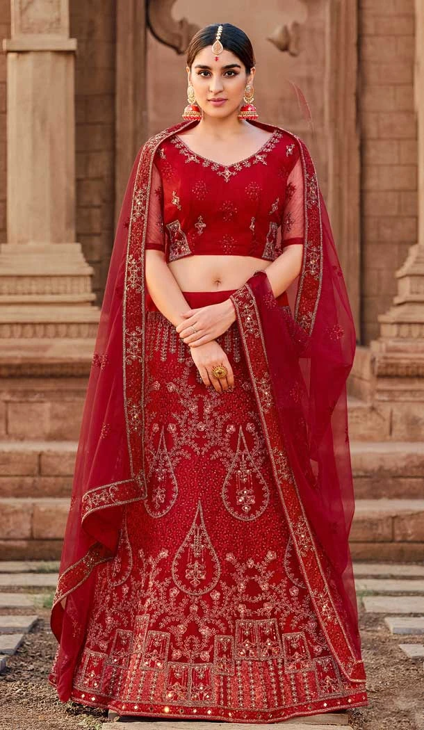 Wedding Wear Maroon Color Soft Net Embroidery Mirror Work Lehenga Choli -4908158497