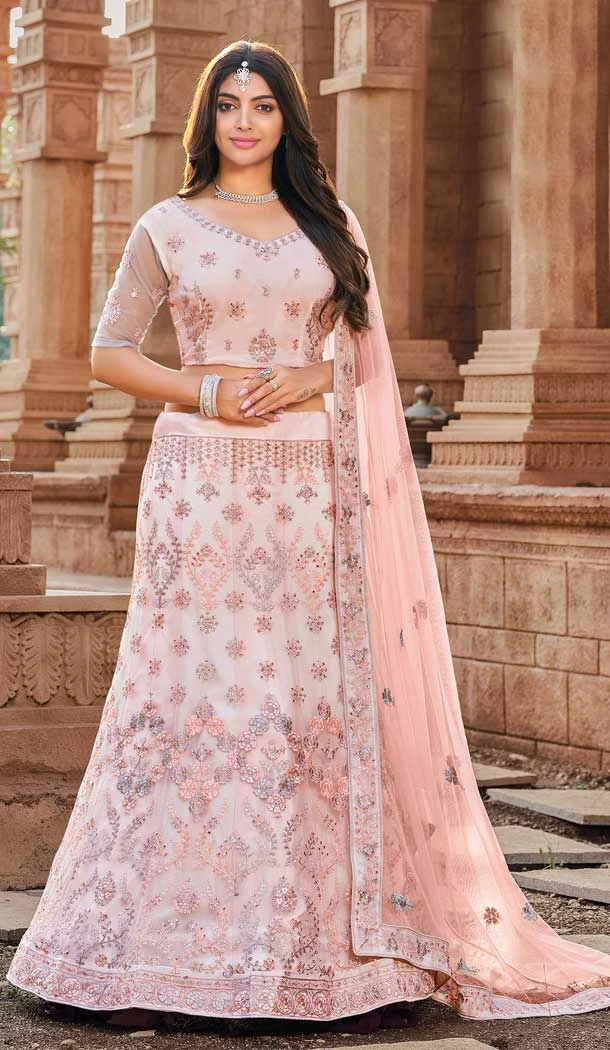 Wedding Wear Light Pink Color Soft Net Embroidery Mirror Work Lehenga Choli -4908158498