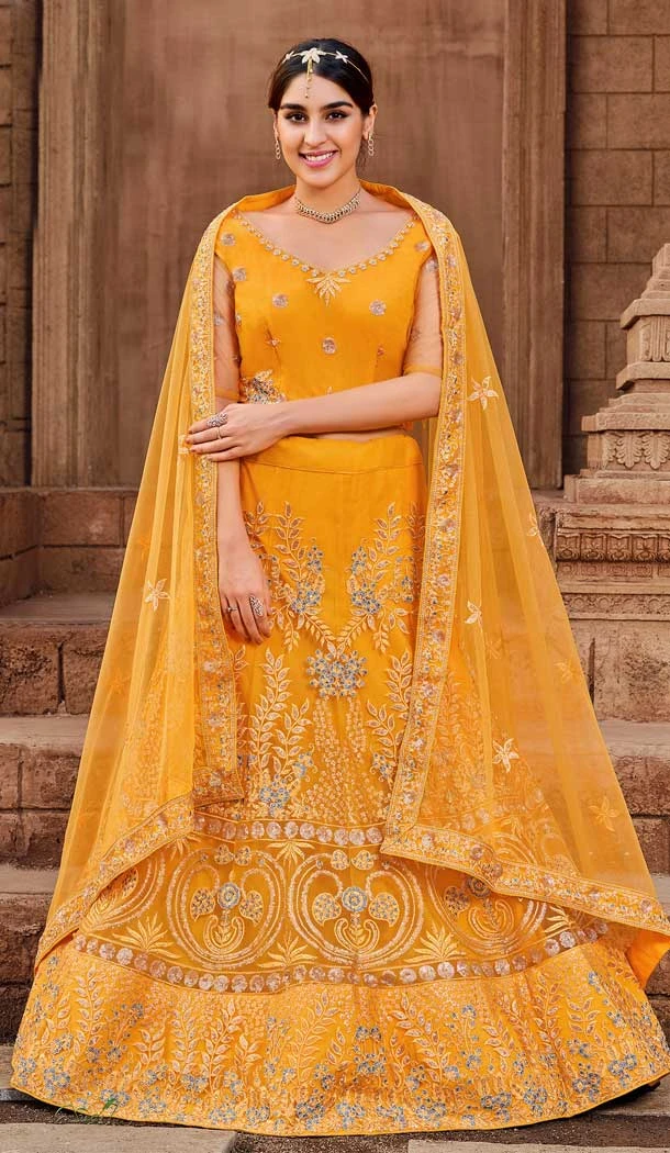 Wedding Wear Mustard Color Soft Net Embroidery Mirror Work Lehenga Choli -4908158499