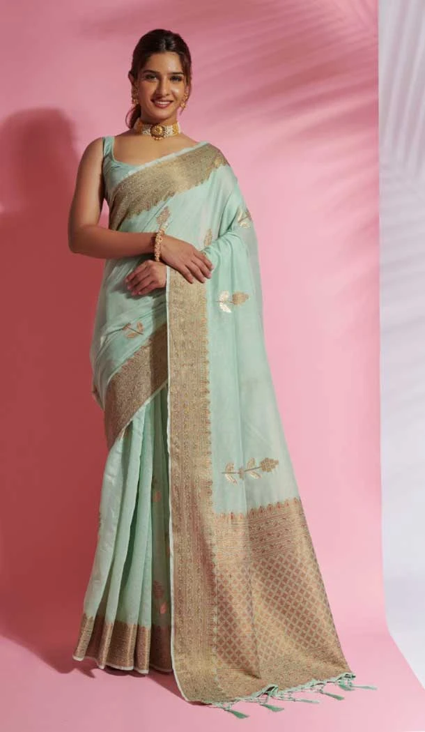 Beautiful Mint Color Soft Cotton Weaving Work Party Wear Saree -4910158507