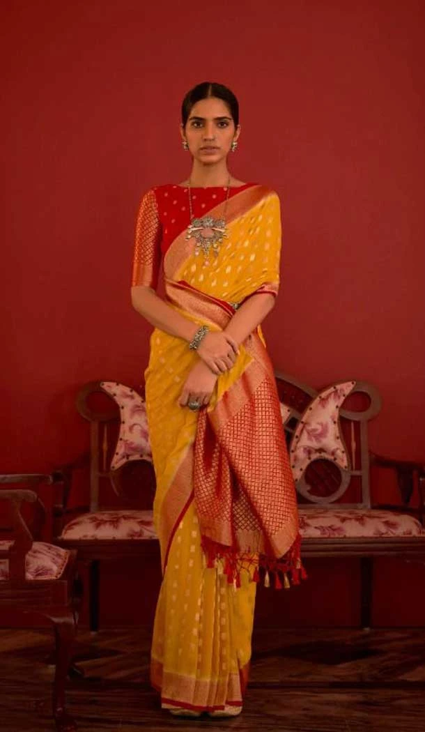 Exquisite Mustard Color Jacquard Work Party Wear Designer Silk Saree -4911158516