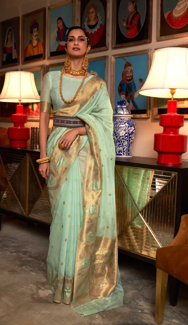 Party Wear Pista Color Weaving Work Silk Designer Saree Blouse -4912158517