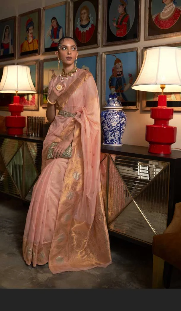 Party Wear Peach Color Weaving Work Silk Designer Saree Blouse -4912158518