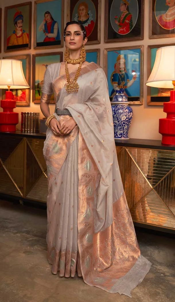 Party Wear Light Grey Color Weaving Work Silk Designer Saree Blouse -4912158519