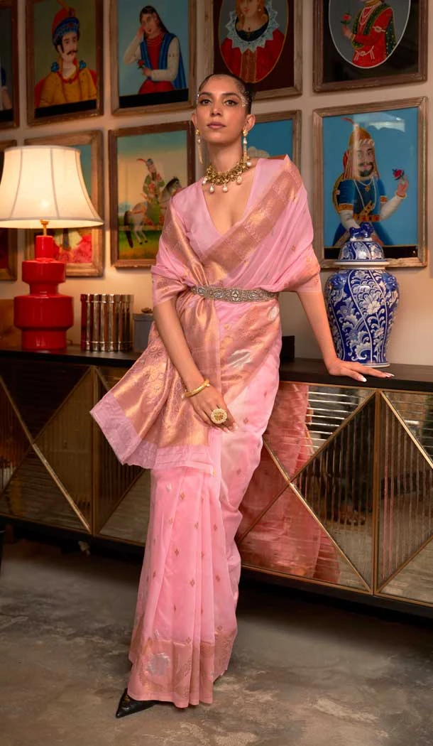 Party Wear Pink Color Weaving Work Silk Designer Saree Blouse -4912158520
