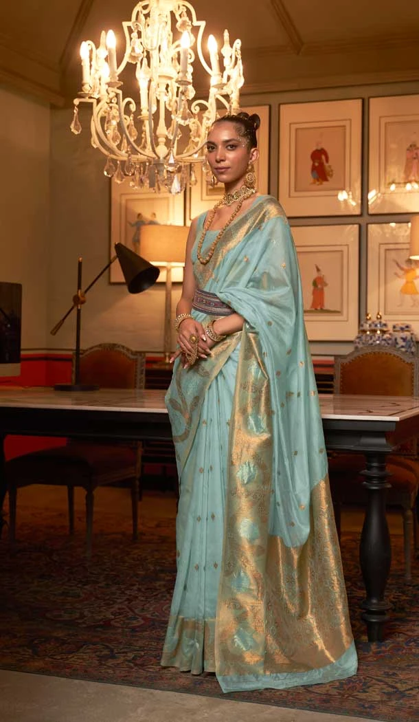 Party Wear Sky Blue Color Weaving Work Silk Designer Saree Blouse -4912158522
