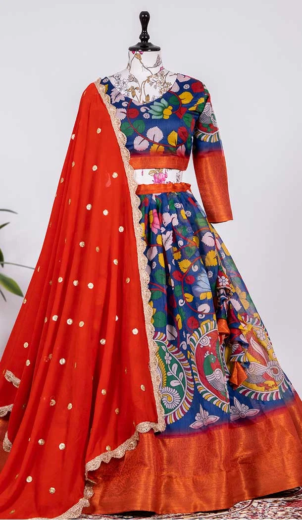 Fascinating Royal Blue Color Printed Soft Cotton Wedding Wear Lehenga Choli -4898158424