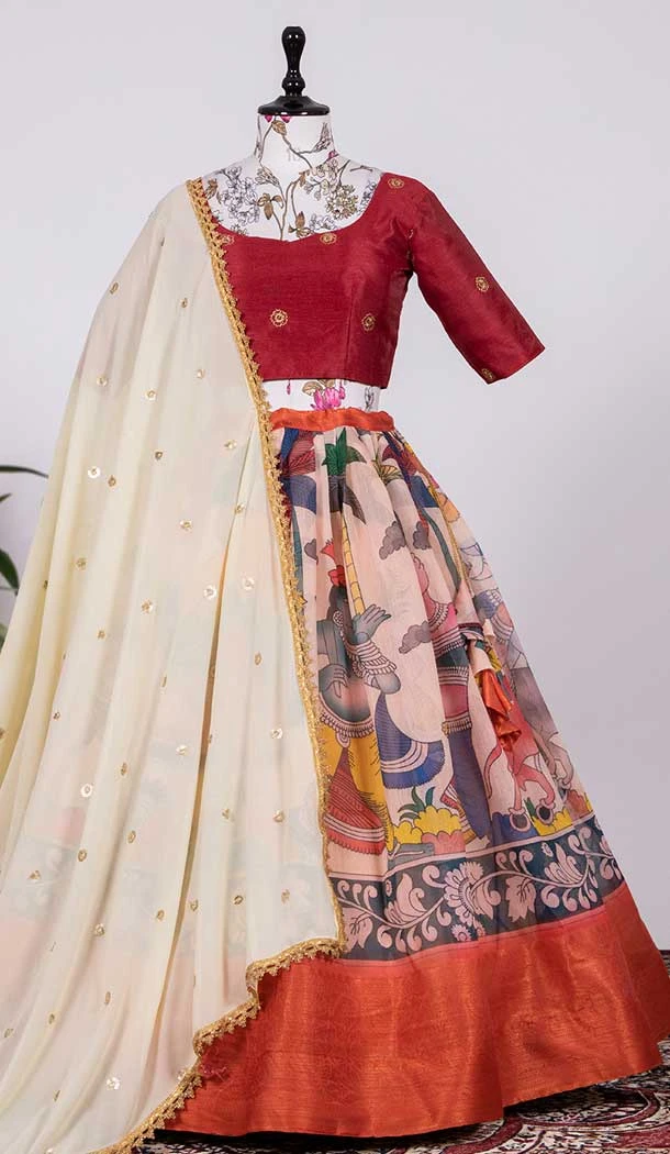 Magnificient Red Color Printed Soft Cotton Wedding Wear Lehenga Choli -4898158425