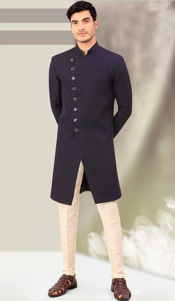 Navy Blue Color Terry Rayon Hand Work Designer Function Wear Mens Indo Western -4902158440