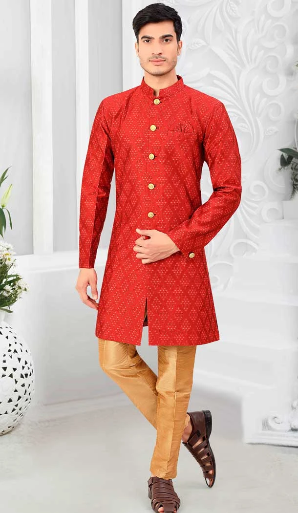 Red Color Jacquard Weaving Work Designer Function Wear Mens Indo Western -4902158441