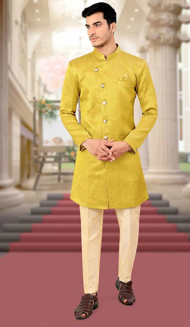Yellow Color Terry Rayon Hand Work Designer Function Wear Mens Indo Western -4902158444
