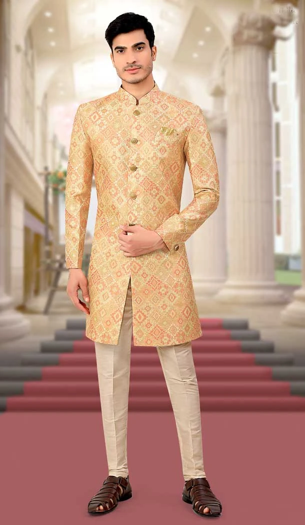 Yellow Color Jacquard Digital Print Work Designer Function Wear Mens Indo Western -4902158447