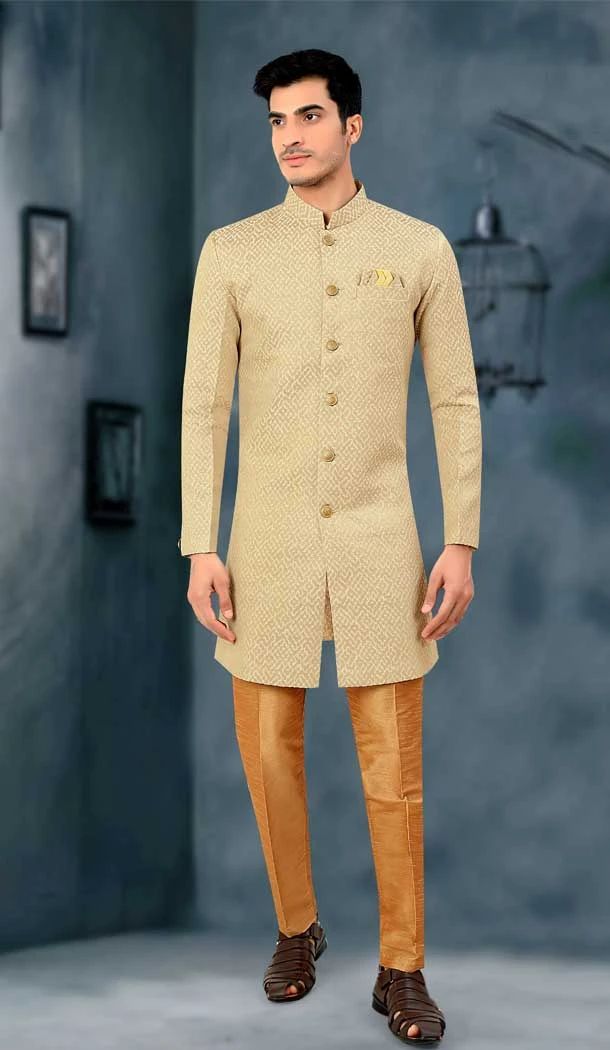 Beige Color Jacquard Weaving Work Designer Function Wear Mens Indo Western -4902158454