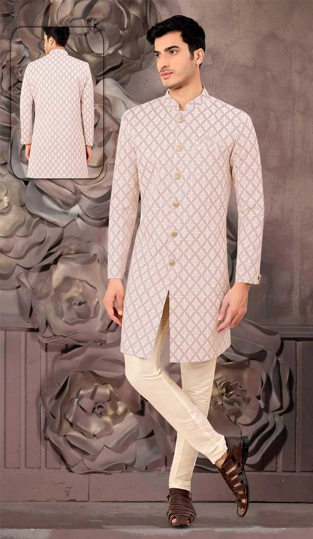Weaving Work Peach Color Jacquard Designer Function Wear Mens Indo Western -4902158460