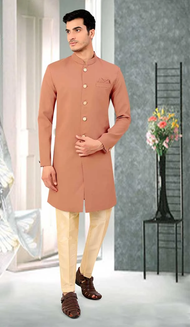 Peach Color Terry Rayon Hand Work Designer Function Wear Mens Indo Western -4902158465