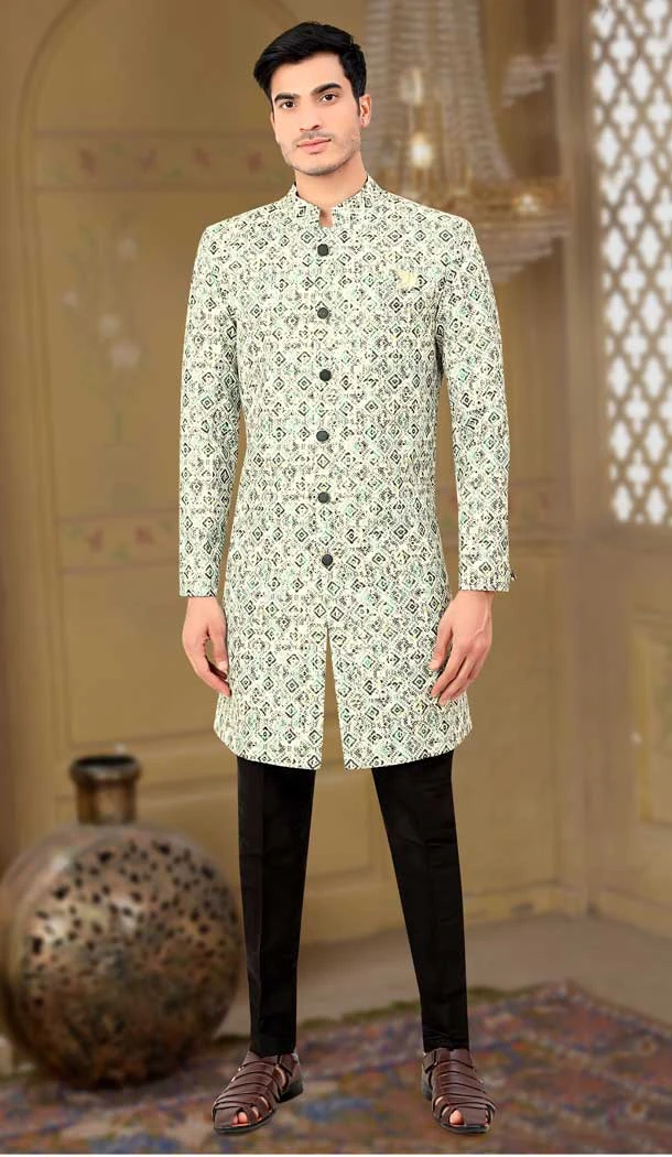 Off White Color Velvet Digital Print Work Designer Function Wear Mens Indo Western -4902158467