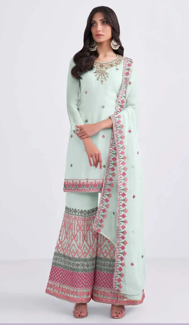 Light Blue Color Georgette Thread Embroidery Work Palazzo Salwar Kameez -4906158487