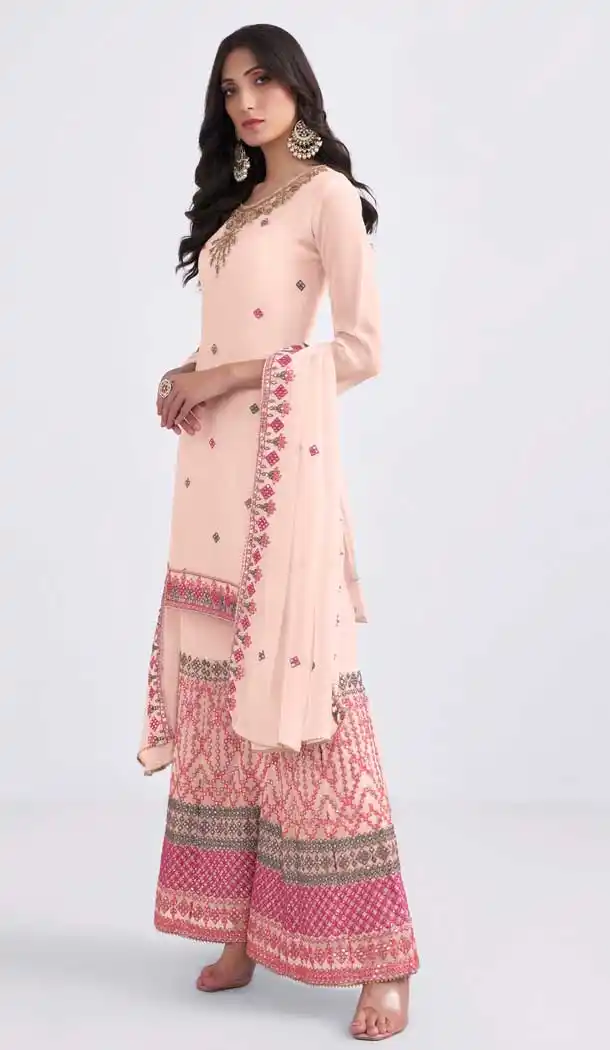 Peach Color Georgette Thread Embroidery Work Palazzo Salwar Kameez -4906158488