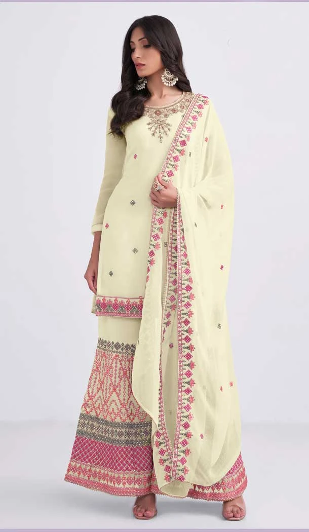 Light Yellow Color Georgette Thread Embroidery Work Palazzo Salwar Kameez -4906158489